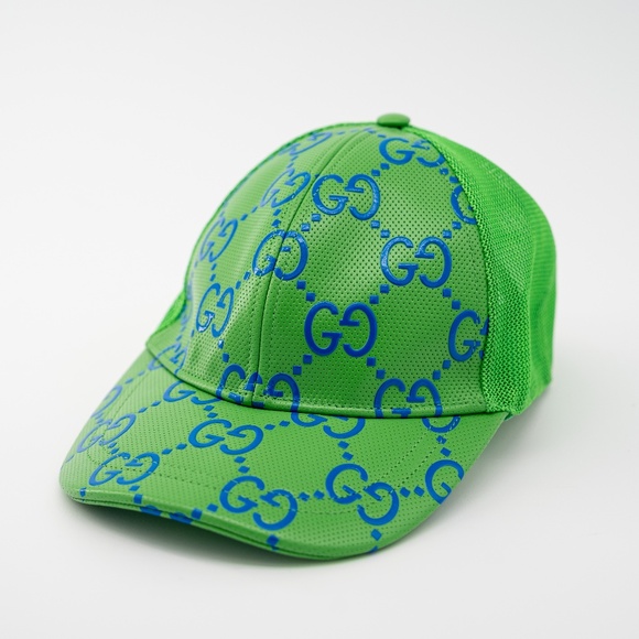 size S - Gucci Leather Green Cap Baseball Hat GG Blue - Picture 1 of 7